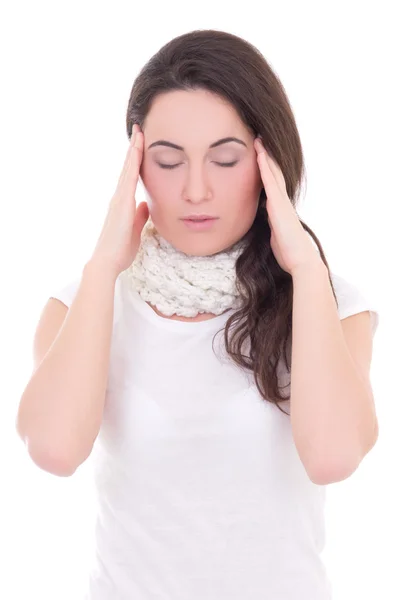 Giovane donna con mal di testa isolato su bianco — Foto Stock