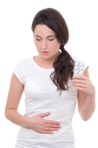 여자 배꼽 통증에 고립 된 흰색 배경 — 스톡 사진