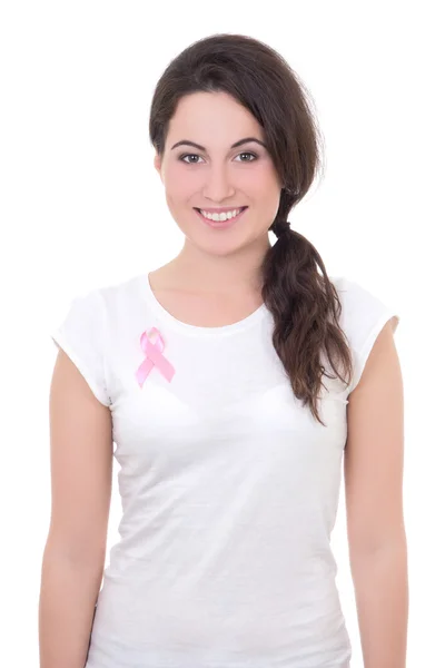 Mulher com fita rosa de cancro na mama — Fotografia de Stock