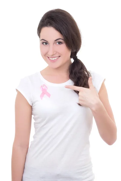 Mujer joven con la cinta rosa cáncer del seno — Foto de Stock