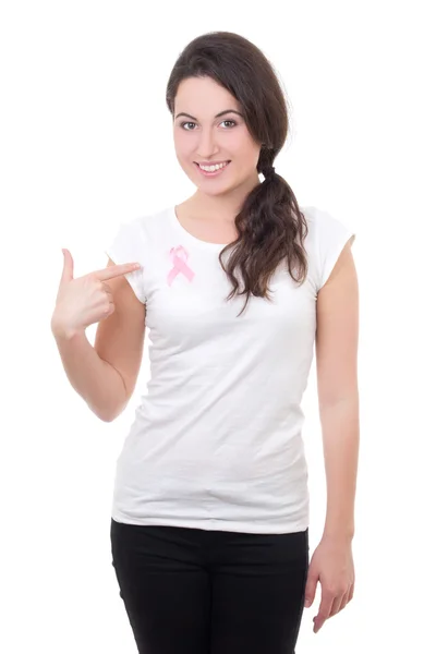 Жінка зі стрічкою рожевого раку на грудях ізольована на білому ба — стокове фото