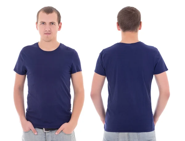 Jeune homme séduisant en t-shirt bleu isolé — Photo