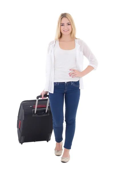 Młoda atrakcyjna kobieta z walizką na białym tle — Zdjęcie stockowe