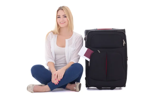 Attractive blondie woman with suitcase, passport and ticket sitt — Stock Photo, Image