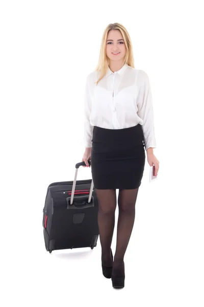 Młody atrakcyjny biznes dama z walizką na białym tle — Zdjęcie stockowe