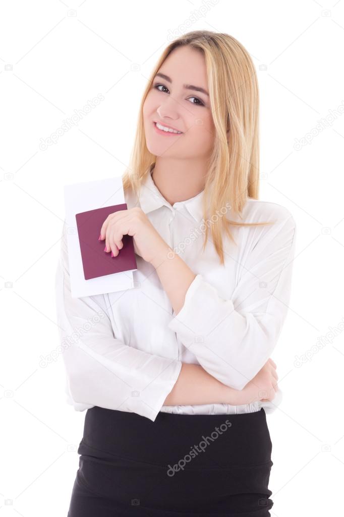 attractive business woman with passport and ticket isolated on w