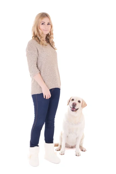 Young woman with golden retriever isolated on white — Stock Photo, Image