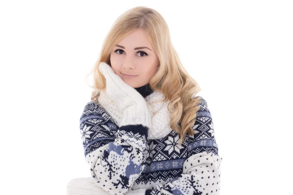 Young attractive woman posing in winter clothes isolated on whit — Stock Photo, Image