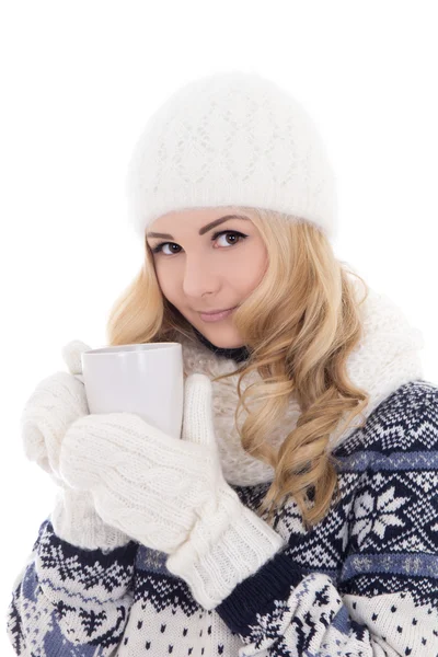 Lovely beautiful girl in winter clothes with cup of tea isolated — Stock Photo, Image