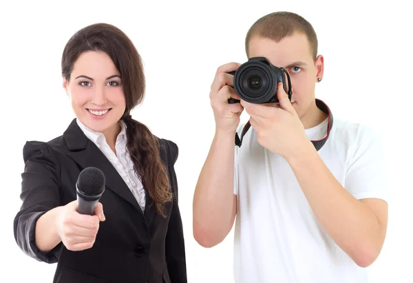 Donna con microfono e l'uomo con la macchina fotografica isolato su bianco — Foto Stock