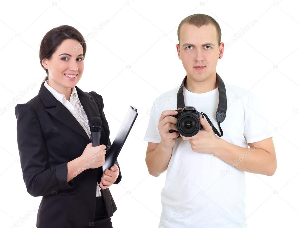 female journalist with microphone and operator with camera isola