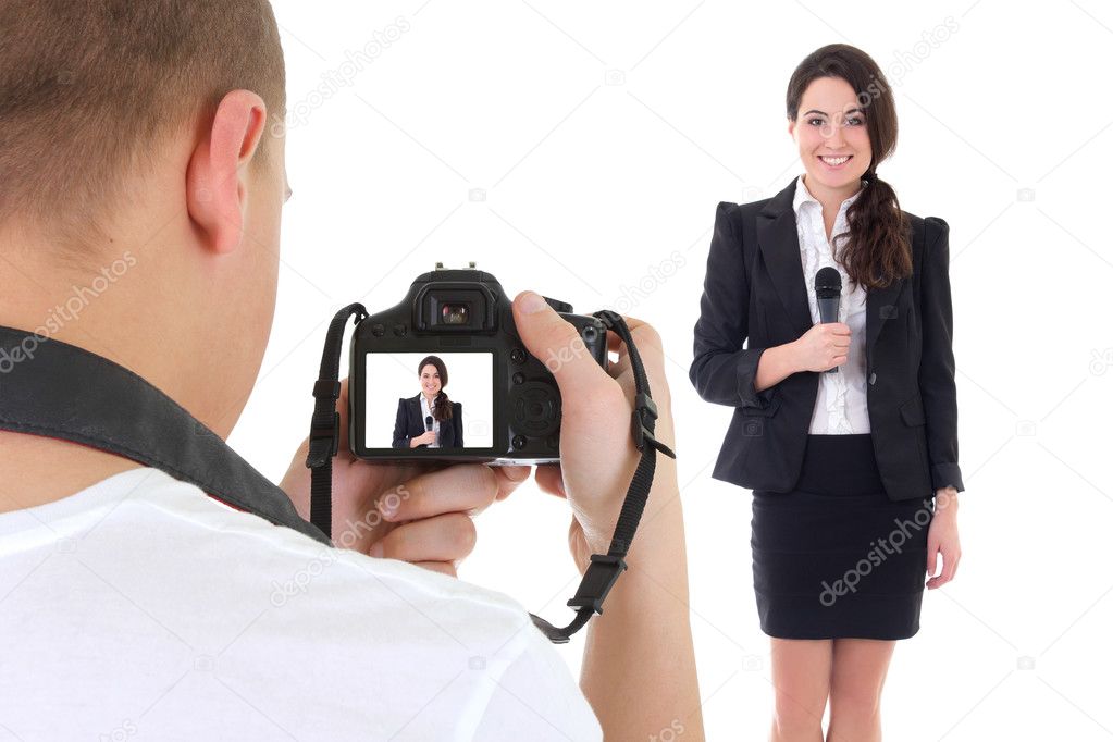 operator with camera and female reporter with microphone isolate