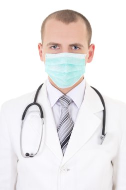 maske üzerinde beyaz izole içinde genç bir doktor portresi