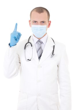 Maskeli whit üzerinde izole bir fikir olan genç bir doktor portresi