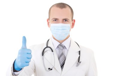 Isola Yaşasın mavi eldiven ve maske içinde genç bir doktor portresi