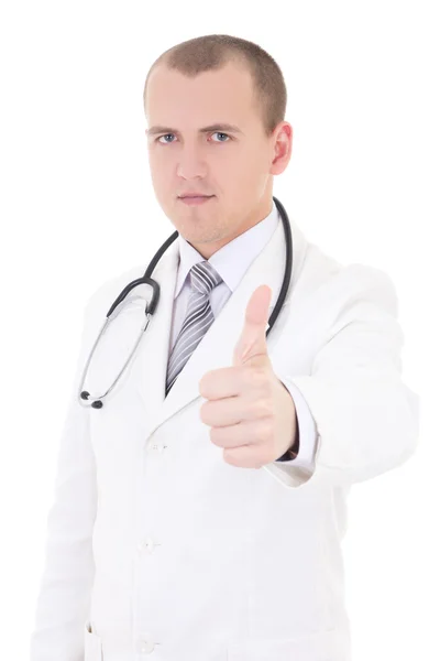 Portrait of young attractive doctor thumbs up isolated on white — Stock Photo, Image