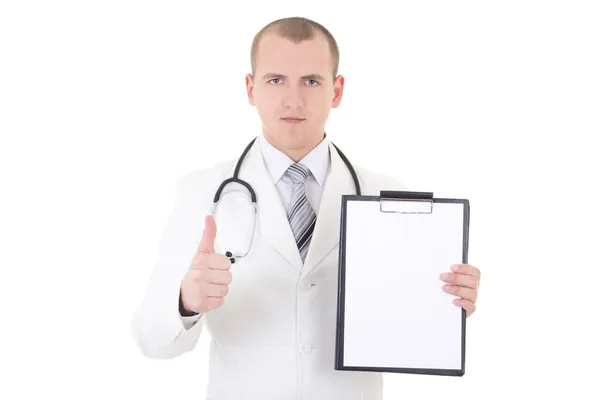 Young doctor showing folder with copy space for text and thumbs — Stock Photo, Image