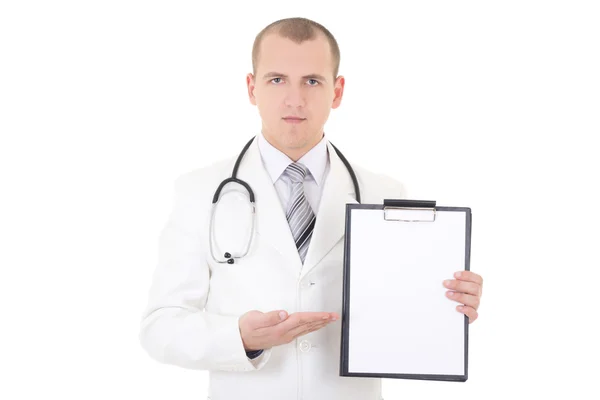 Young male doctor showing clipboard with copy space for text on — Stock Photo, Image