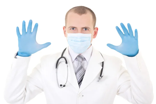 Frightening doctor in blue mask and rubber gloves isolated on wh — Stock Photo, Image