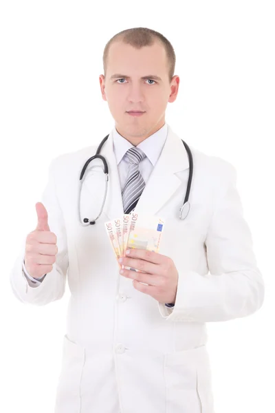 Young handsome doctor with euro banknotes thumbs up isolated on — Stock Photo, Image