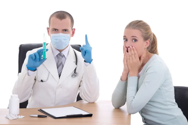 Doctor in mask with syringe and terrified female patient isolate — Stock Photo, Image