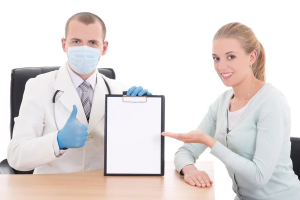 Female patient and doctor holding folder with copyspace — Stok Foto