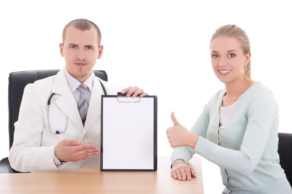 Female patient thumbs up and doctor holding folder with copyspac — Stock Photo, Image