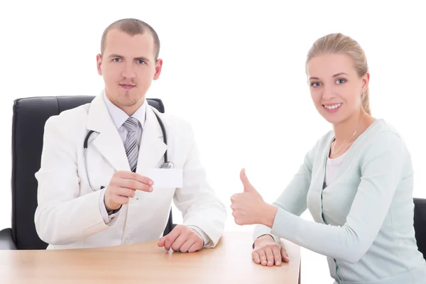 Female patient and doctor holding visiting card — Stock Photo, Image