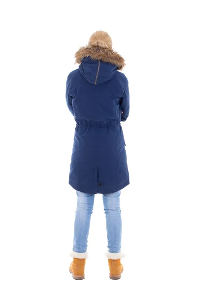 Vista posterior de mujer joven en ropa de invierno aislado en blanco —  Fotos de Stock