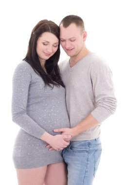 Genç hayalifener çift bekleyen bebek üzerinde beyaz izole