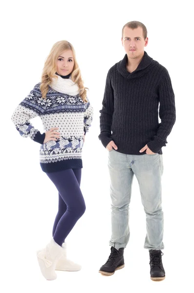 Aantrekkelijke jonge man en vrouw in de winterkleren geïsoleerd op whi — Stockfoto