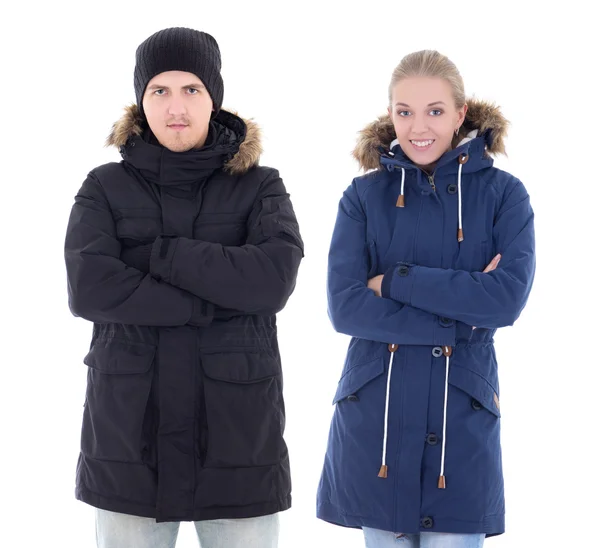 Aantrekkelijke man en vrouw in de winterkleren geïsoleerd op wit — Stockfoto