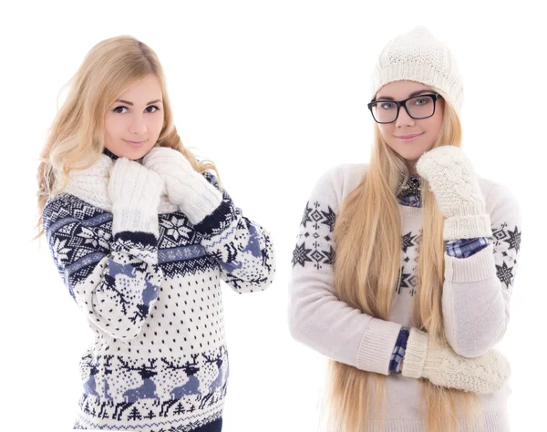 Two young attractive girlfriends in winter clothes isolated on w — Stock Photo, Image