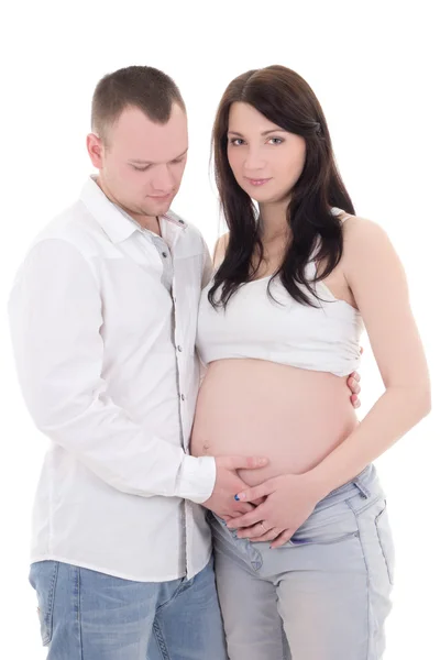 Young attractive pregnant woman with her husband isolated on whi Stock Photo