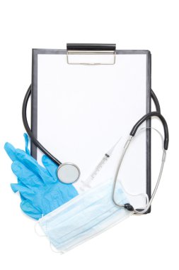 Pano boş kağıt levha ve tıbbi malzeme izole o ile