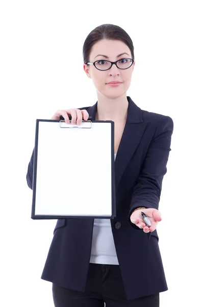 Young business woman showing empty blank clipboard and giving pe — Stock Photo, Image