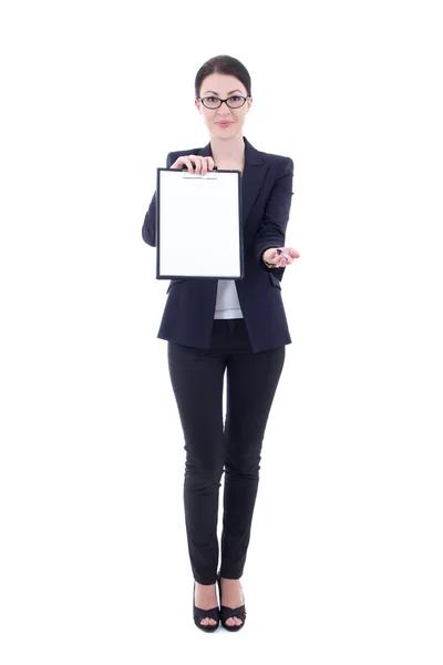 Young beautiful business woman showing empty blank clipboard and — Stock Photo, Image