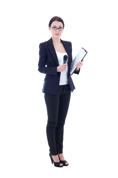 Female reporter with microphone and clipboard isolated on white — Stock Photo, Image