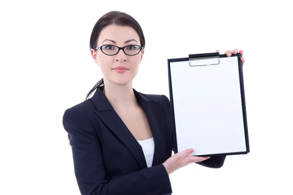 Young attractive business woman showing clipboard isolated on wh — стоковое фото