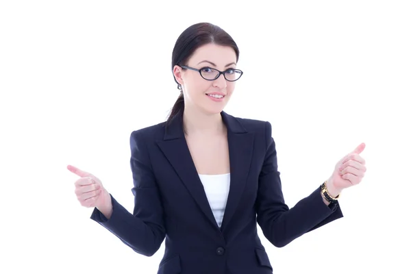 Young business woman thumbs up isolated on white — Stock Photo, Image