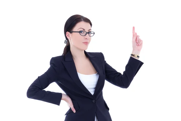 Young business woman pointing at something interesting against w — Stock Photo, Image