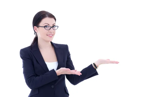Young beautiful business woman presenting a copyspace isolated o — Stock Photo, Image