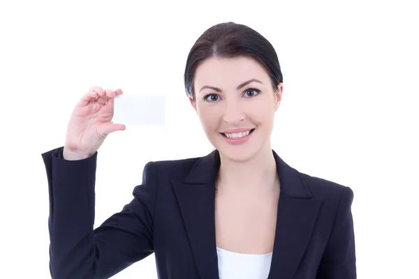 Portrait of young beautiful businesswoman showing visiting card — Stock Photo, Image