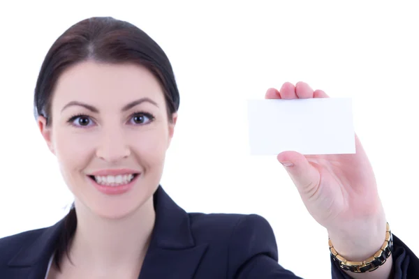 Jonge mooie zakenvrouw tonen visitekaartje geïsoleerd op — Stockfoto