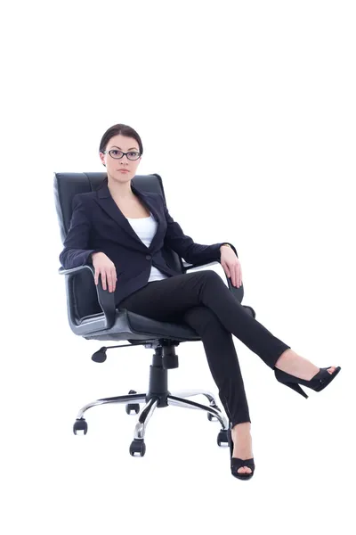 Ül a széken, elszigetelt fehér fiatal üzletasszony — Stock Fotó