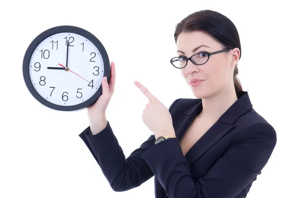 Young attractive woman in business suit holding office clock iso Royalty Free Stock Photos