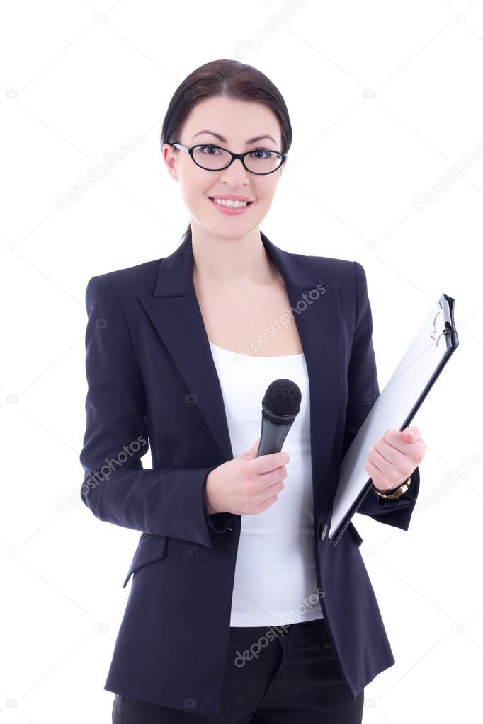 portrait of female journalist with microphone and clipboard isol