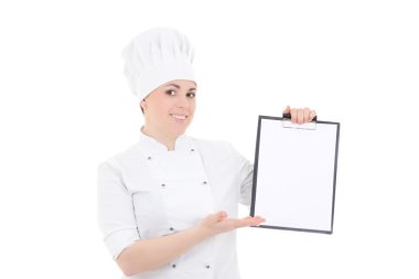 genç kadın üniforma holding Pano boşaltmak ISO ile pişirmek