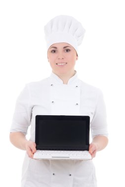 boş ekran üzerinde beyaz izole ile laptop tutan kadın yemek