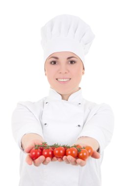 domates izole üzerine beyaz üniformalı kadın çekici cook